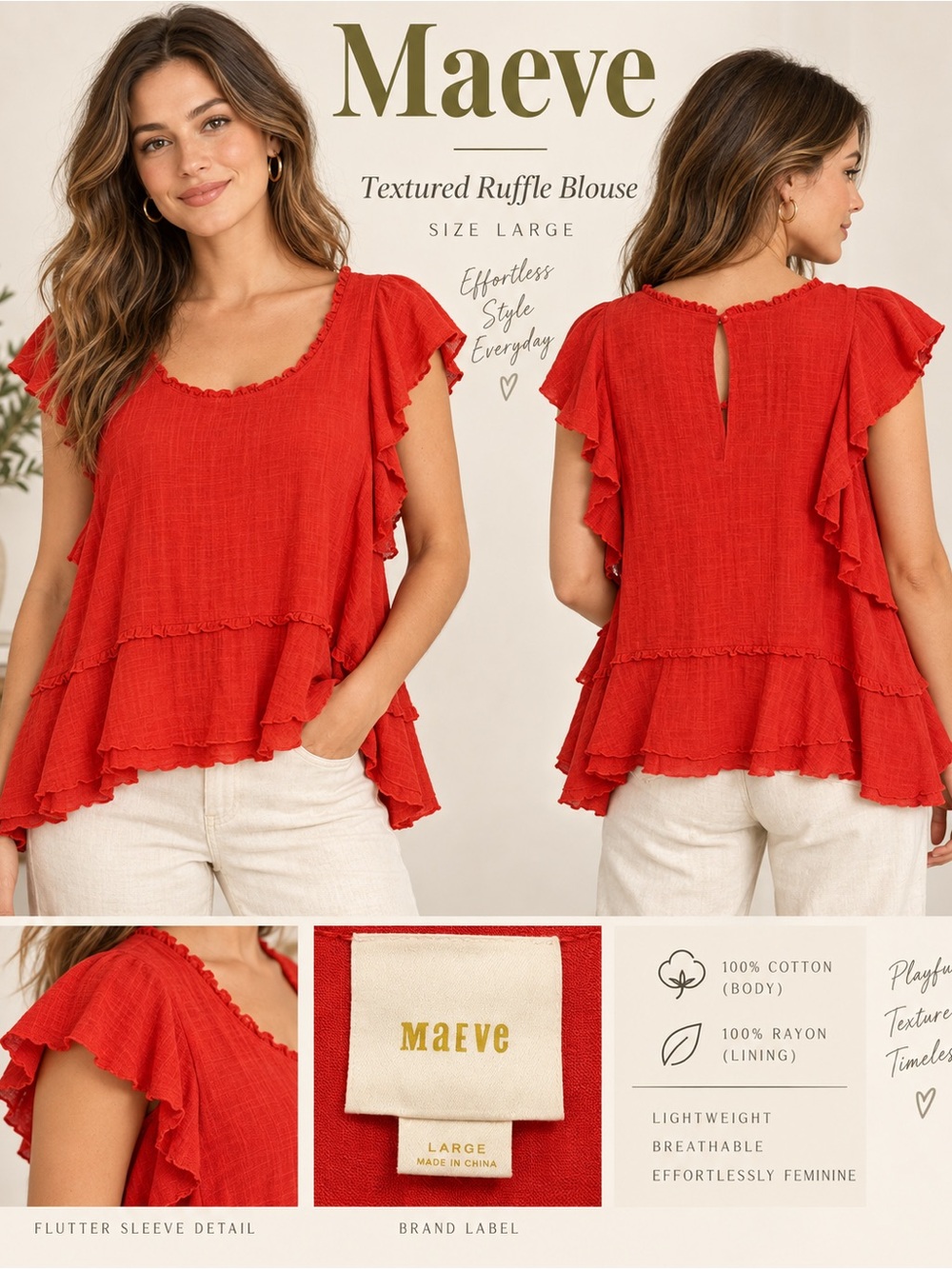Maeve Anthropologie Large Red Ruffle Tiered Blouse